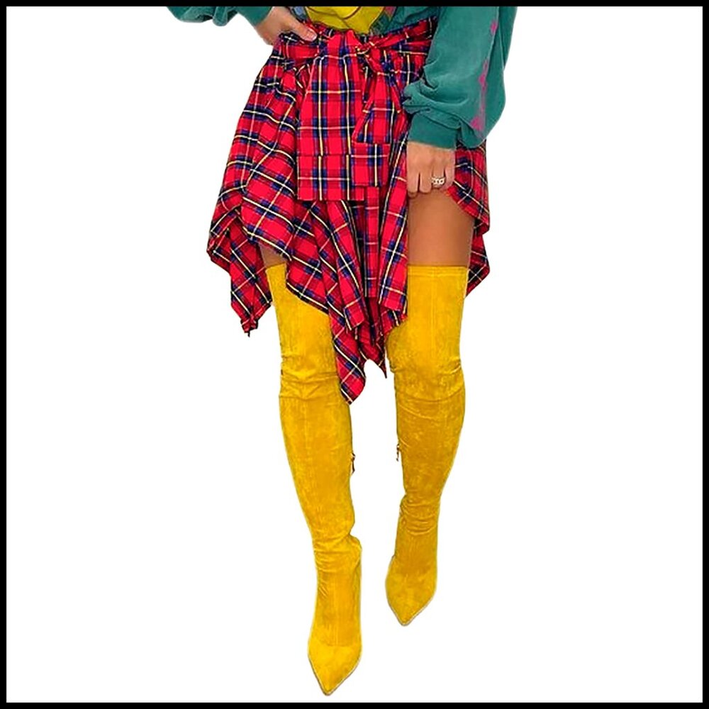 High Waisted Plaid Skirt Knot Front Asymmetrical Hem Mini A-Line